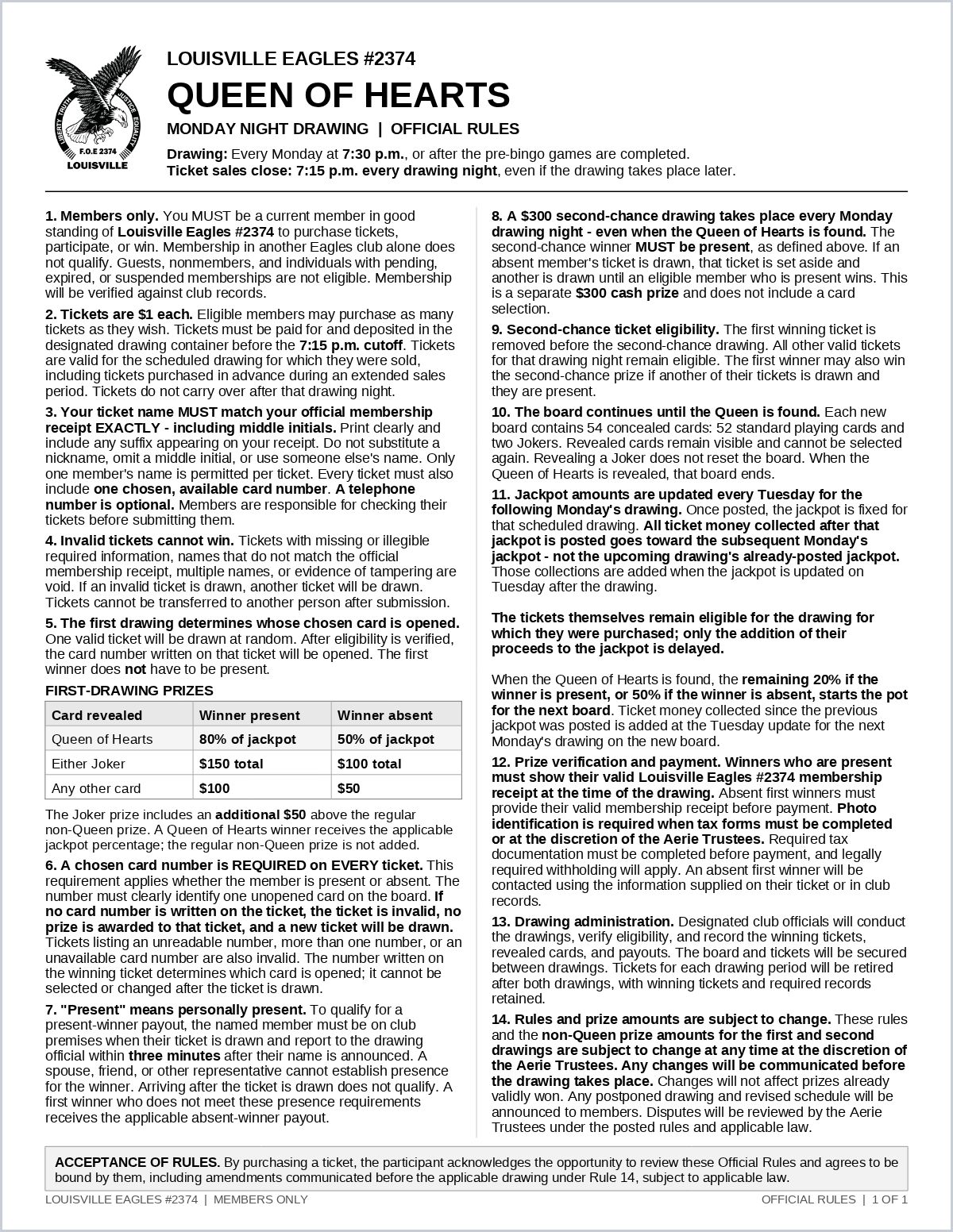 Louisville Eagles 2374 Queen of Hearts Official Rules, page 1 of 1