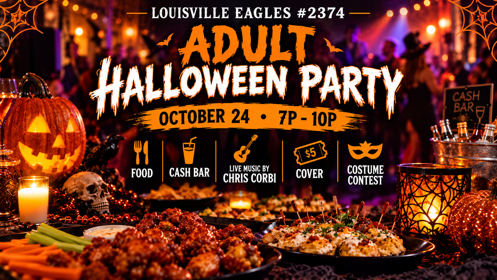 Adults in Halloween costumes at a party with food and drinks.
